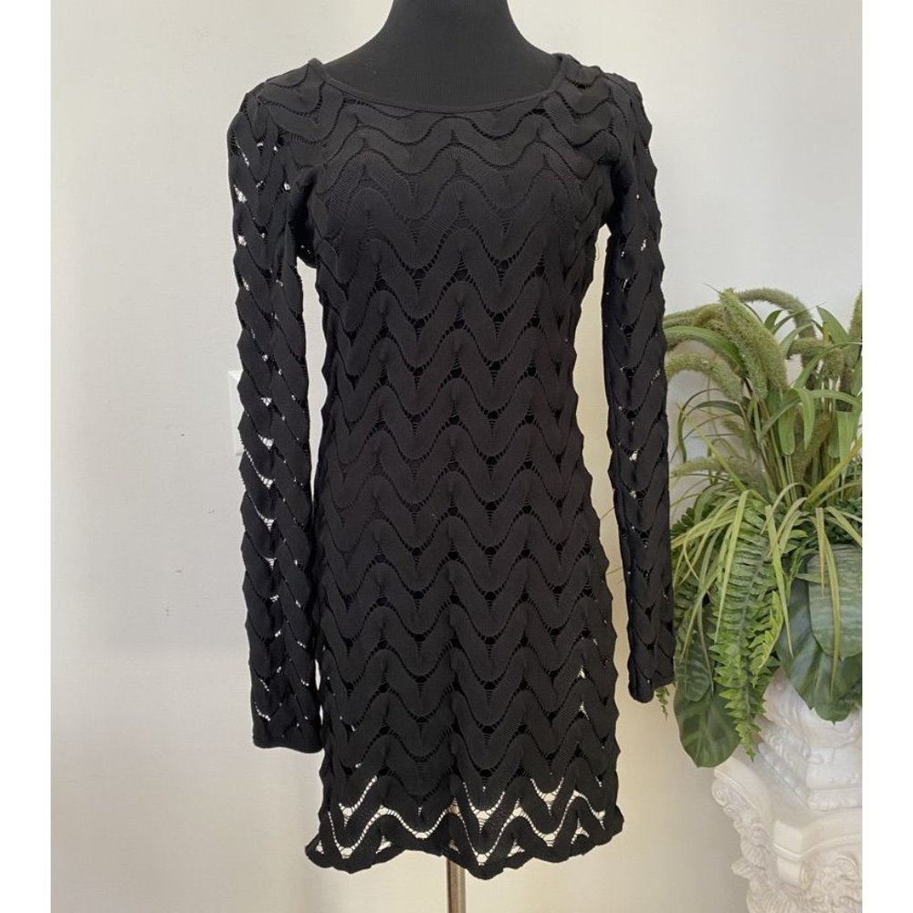 Free People Black Knit Lace Long Sleeve Fitted Mini Dress Size S